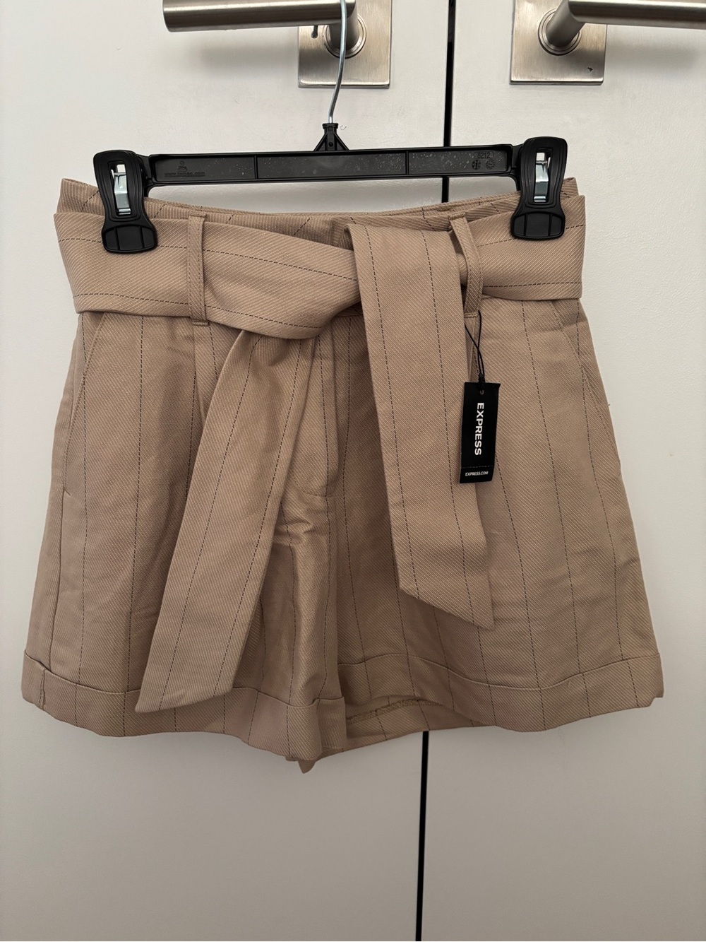 Express Beige High-Waist Tie-Belt Paperbag Shorts